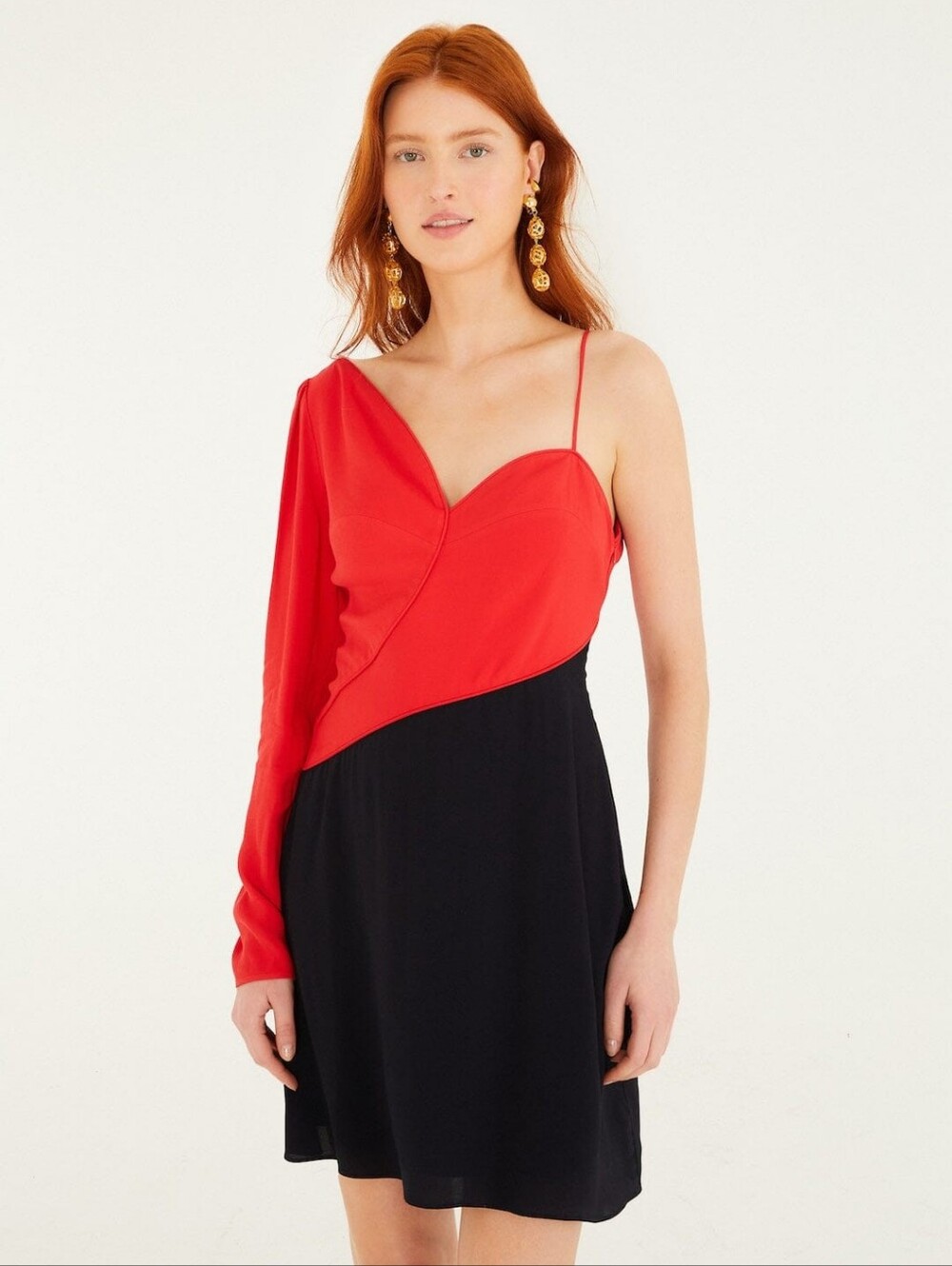 NWT FARM Rio Red Bicolor One-Shoulder Mini Dress size Large Red & Black Heart